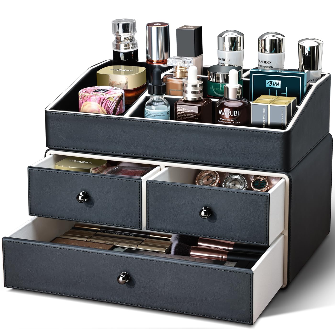 2-Tier PU Leather Cosmetic Organizer with Drawers