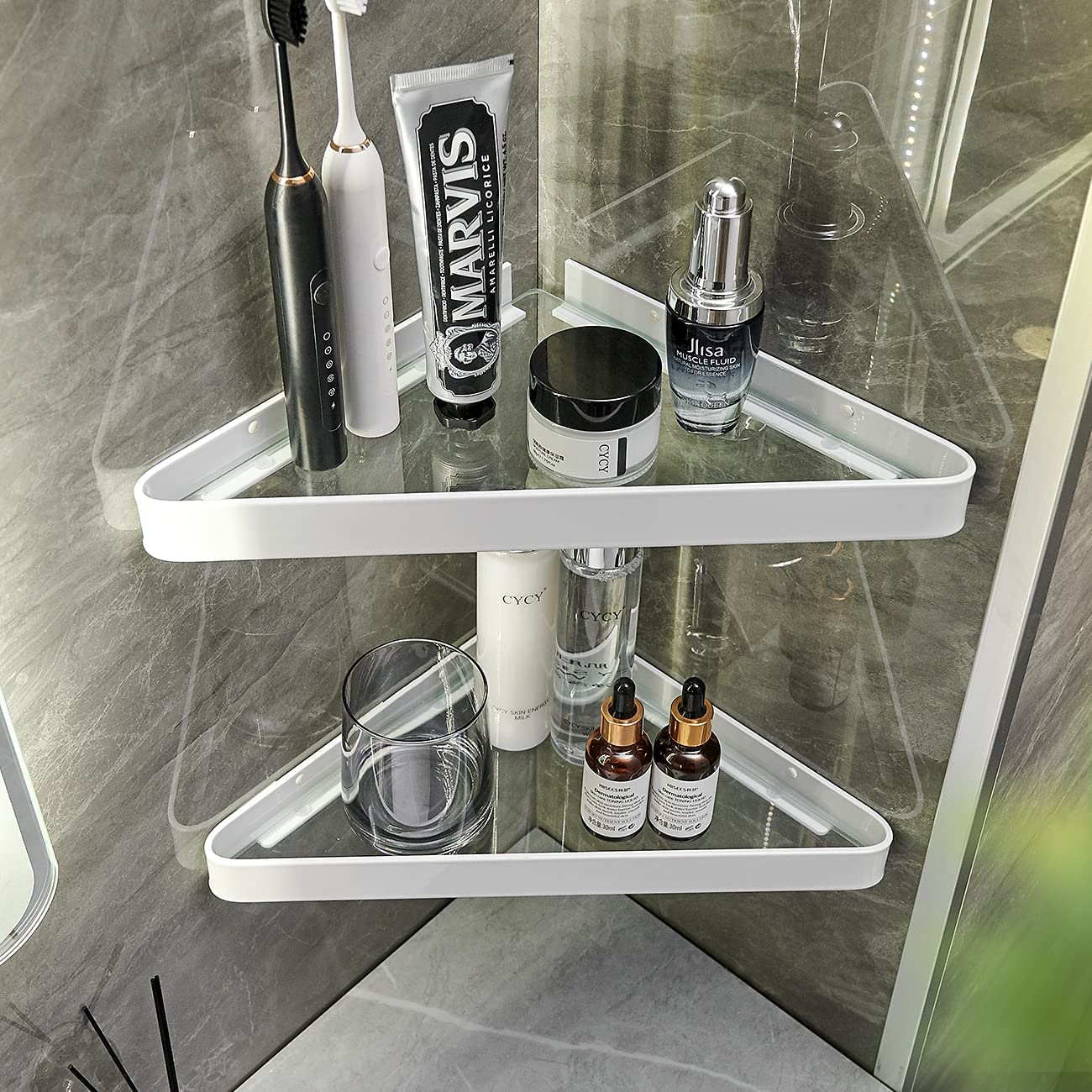 2-Tier Glass Bathroom Wall Shelf with Towel Holder