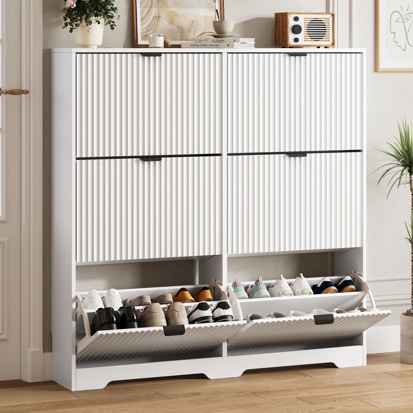 Fluted Shoe Cabinet with Flip Drawers