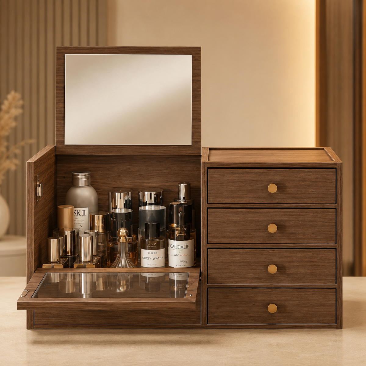 Wooden Makeup Organizer with Drawers and Mirror