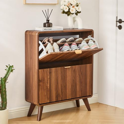 Fluted Shoe Storage Cabinet with Flip Drawers
