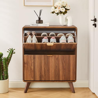 Fluted Shoe Storage Cabinet with Flip Drawers