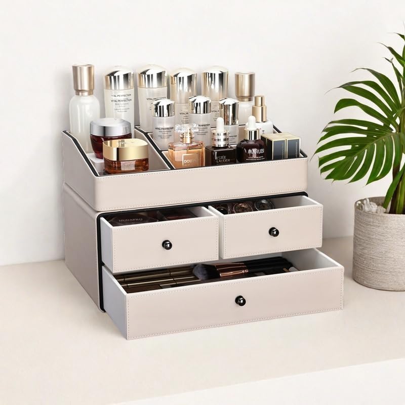 2-Tier PU Leather Cosmetic Organizer with Drawers