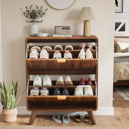 Fluted Shoe Storage Cabinet with Flip Drawers