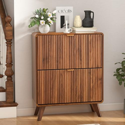 Fluted Shoe Storage Cabinet with Flip Drawers