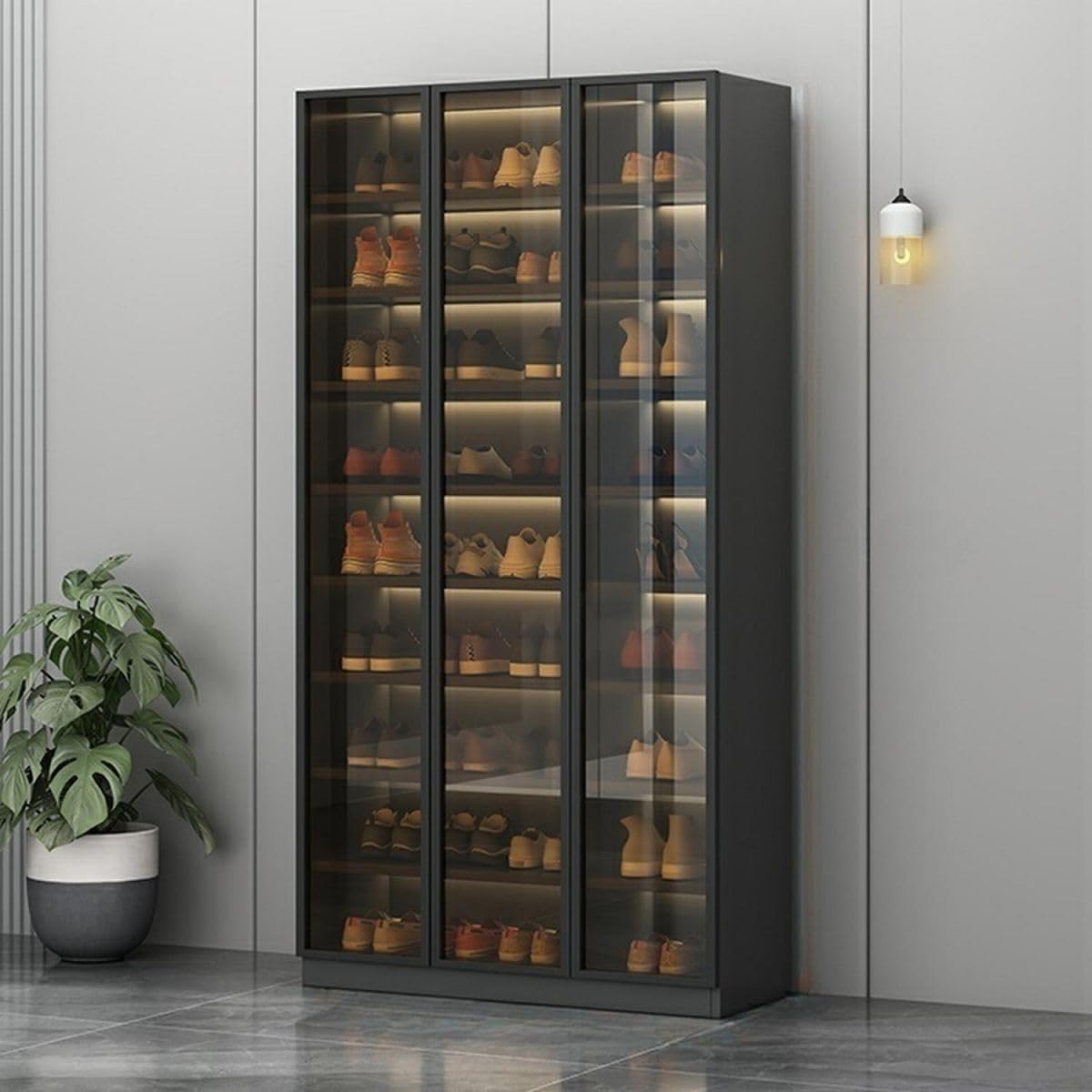 Glass Door Shoe Cabinet with LED Storage