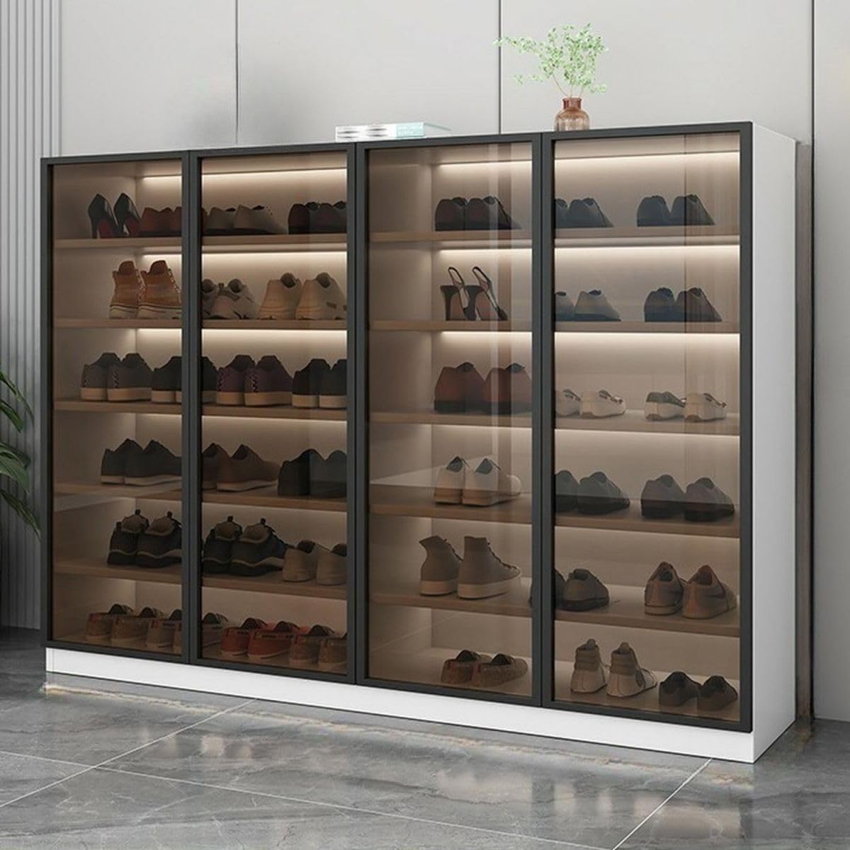Glass Door Shoe Cabinet with LED Storage