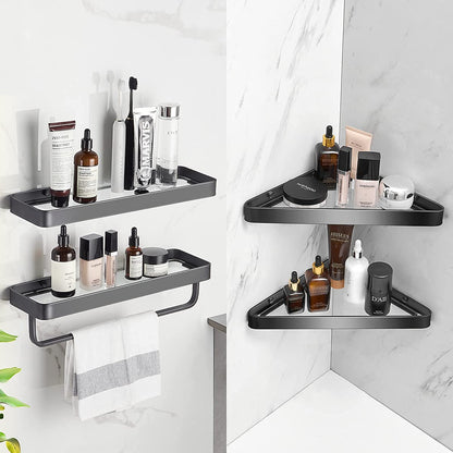 2-Tier Glass Bathroom Wall Shelf with Towel Holder