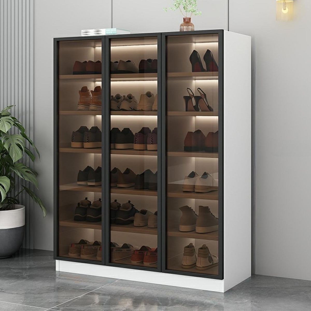 Glass Door Shoe Cabinet with LED Storage