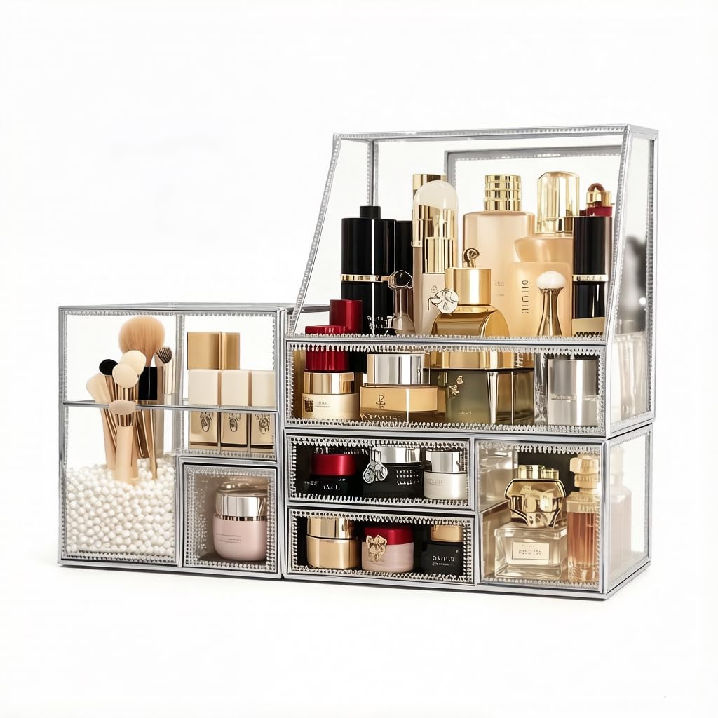 Glass Cosmetic Organizer with Stackable Drawers