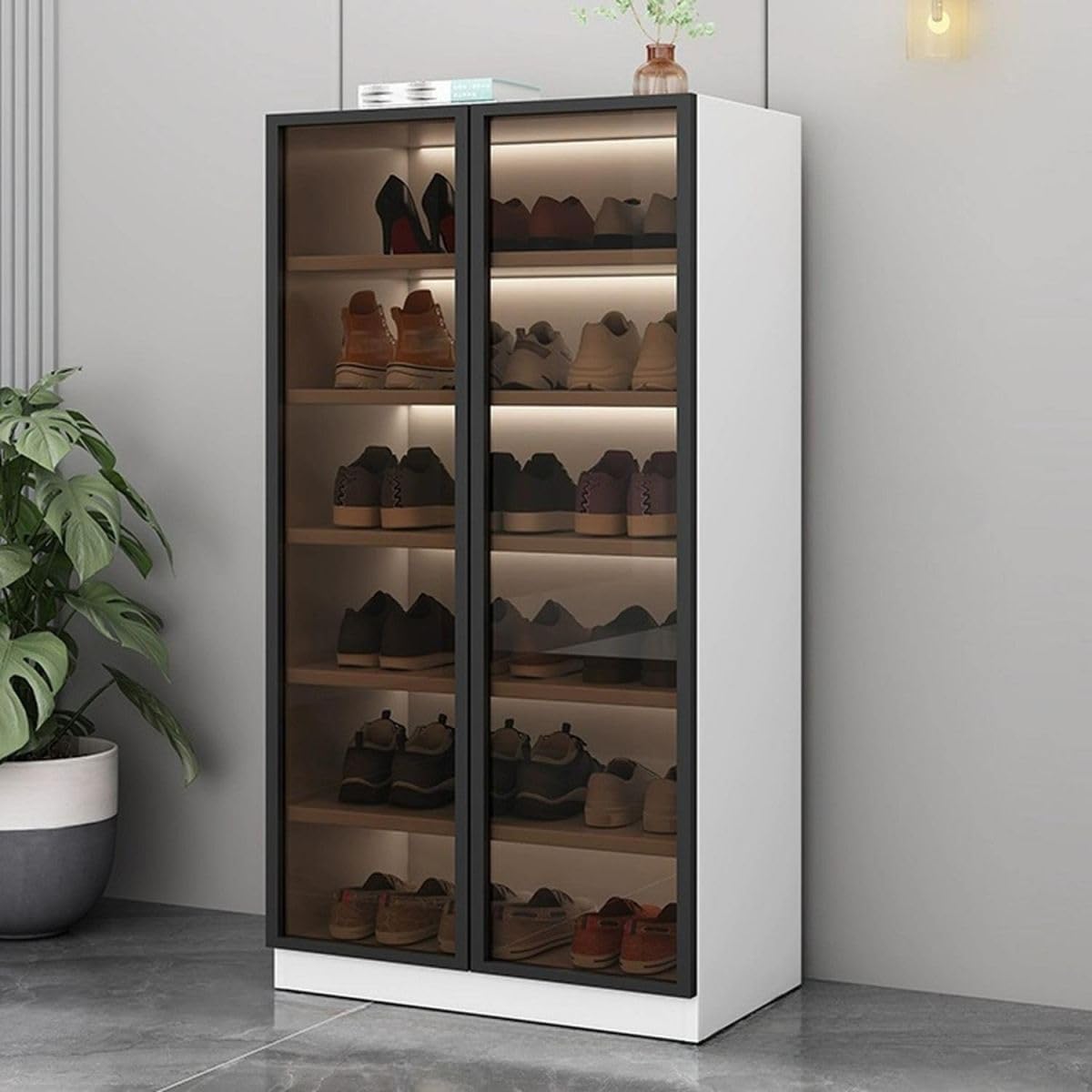 Glass Door Shoe Cabinet with LED Storage