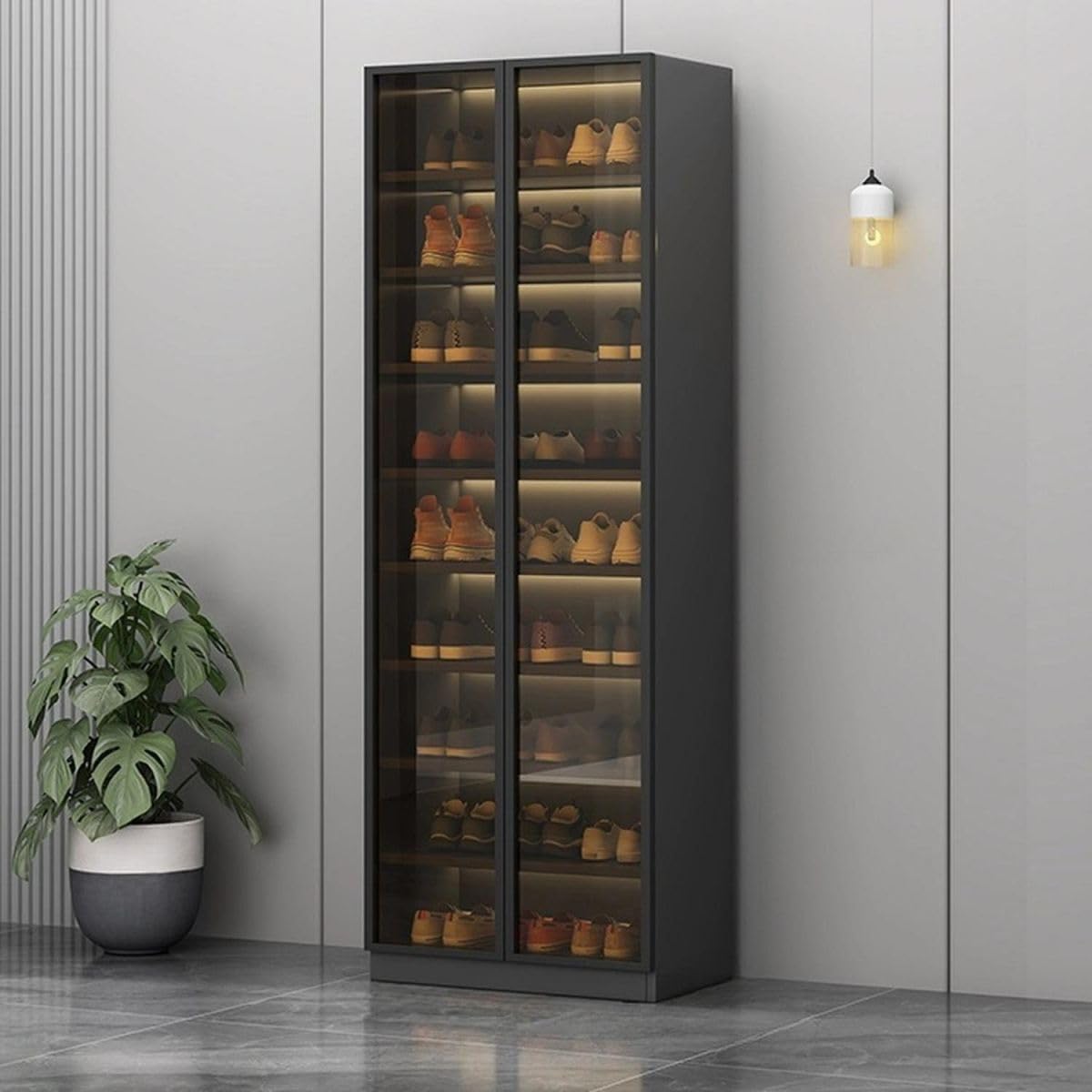 Glass Door Shoe Cabinet with LED Storage