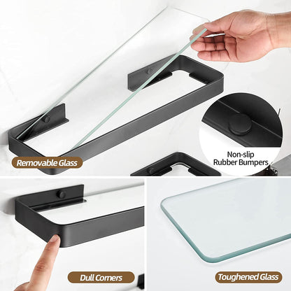 2-Tier Glass Bathroom Wall Shelf with Towel Holder