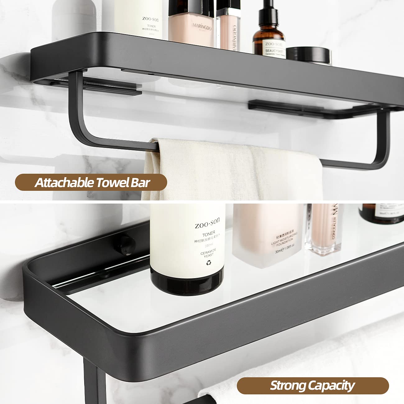 2-Tier Glass Bathroom Wall Shelf with Towel Holder