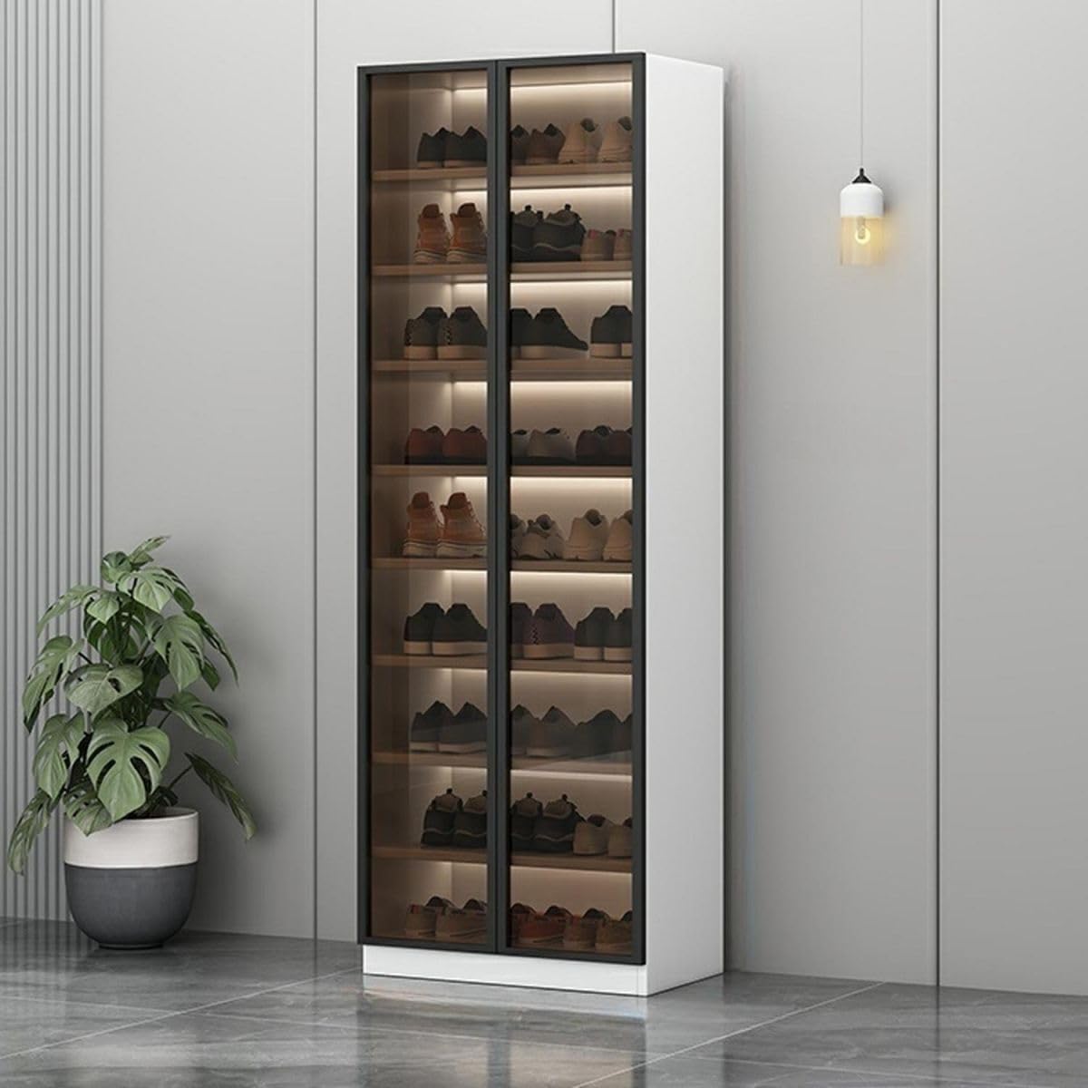 Glass Door Shoe Cabinet with LED Storage