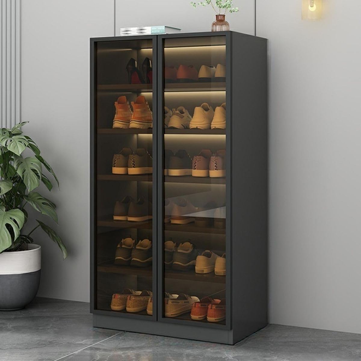 Glass Door Shoe Cabinet with LED Storage