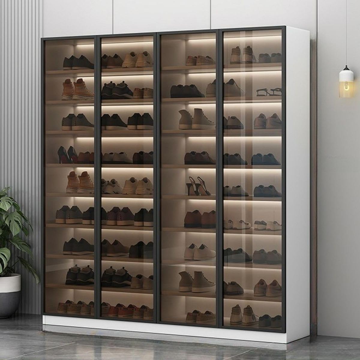 Glass Door Shoe Cabinet with LED Storage