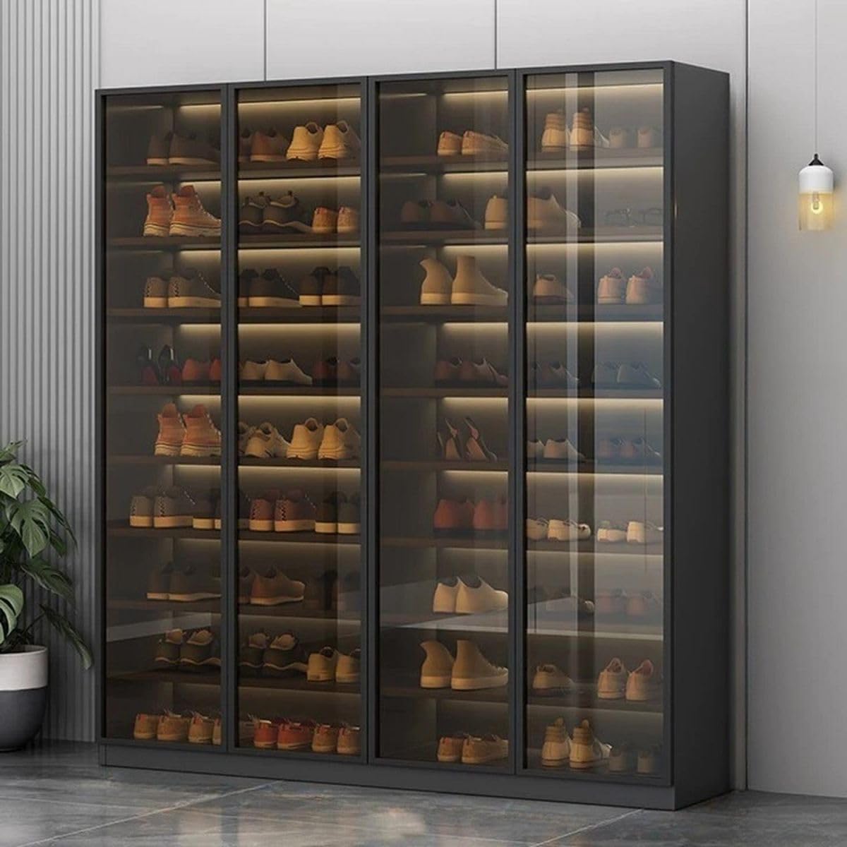 Glass Door Shoe Cabinet with LED Storage