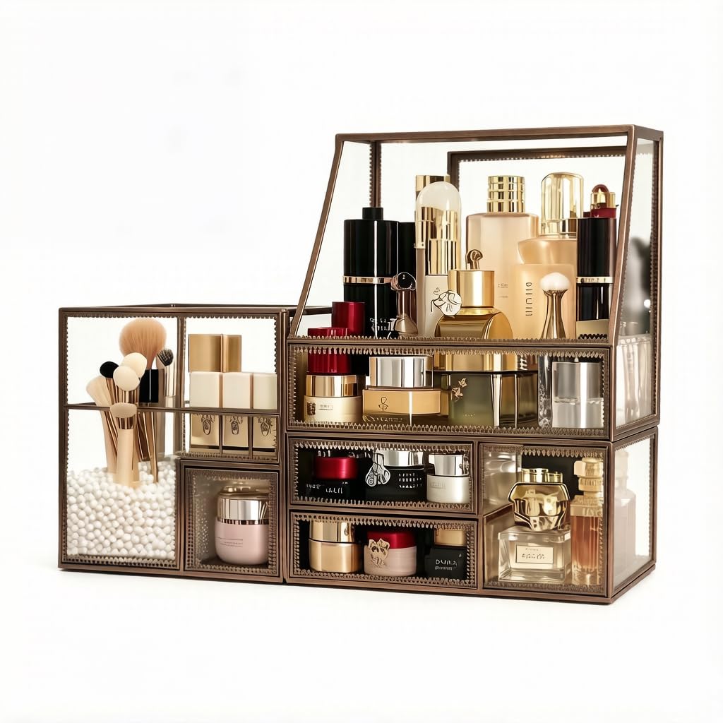 Glass Cosmetic Organizer with Stackable Drawers