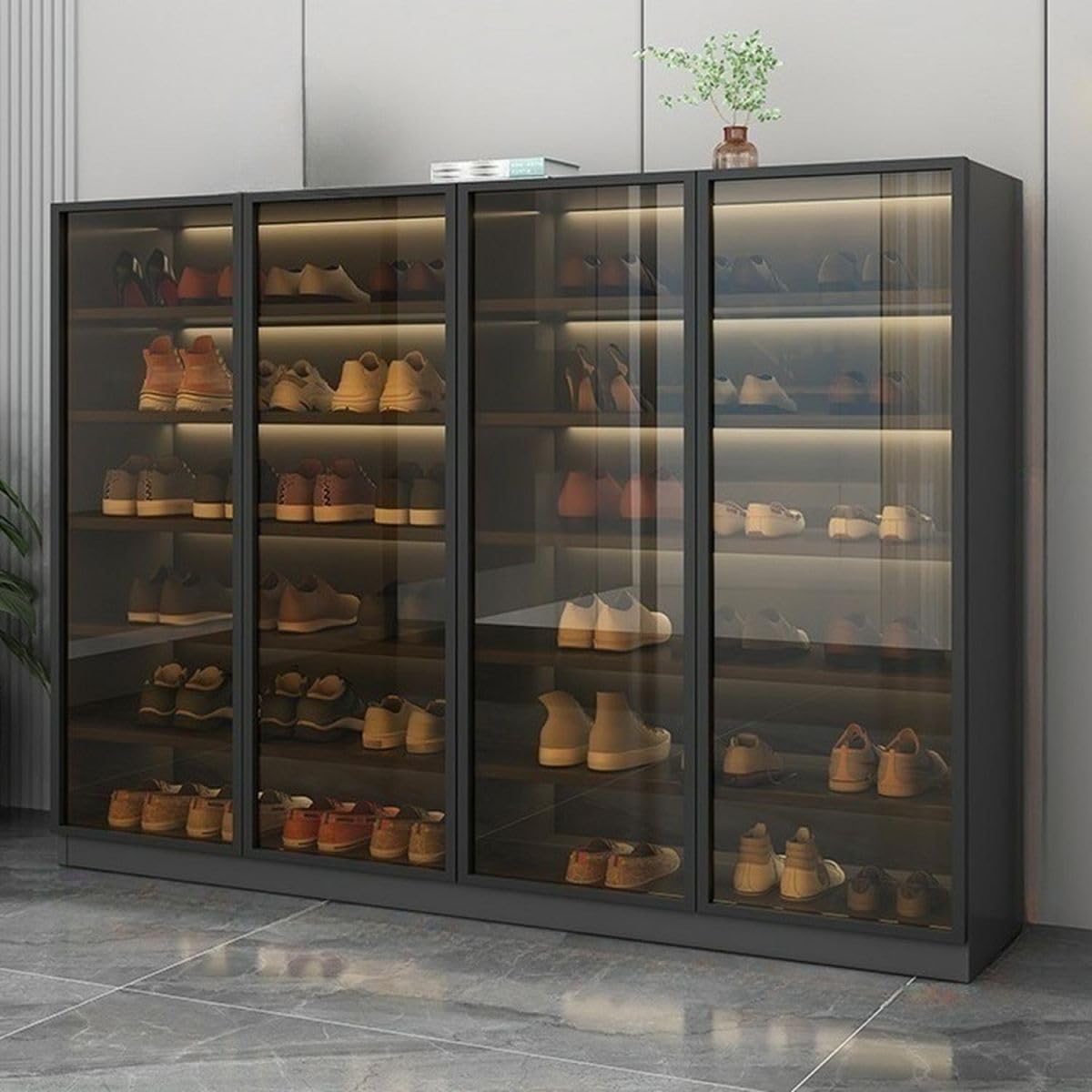 Glass Door Shoe Cabinet with LED Storage