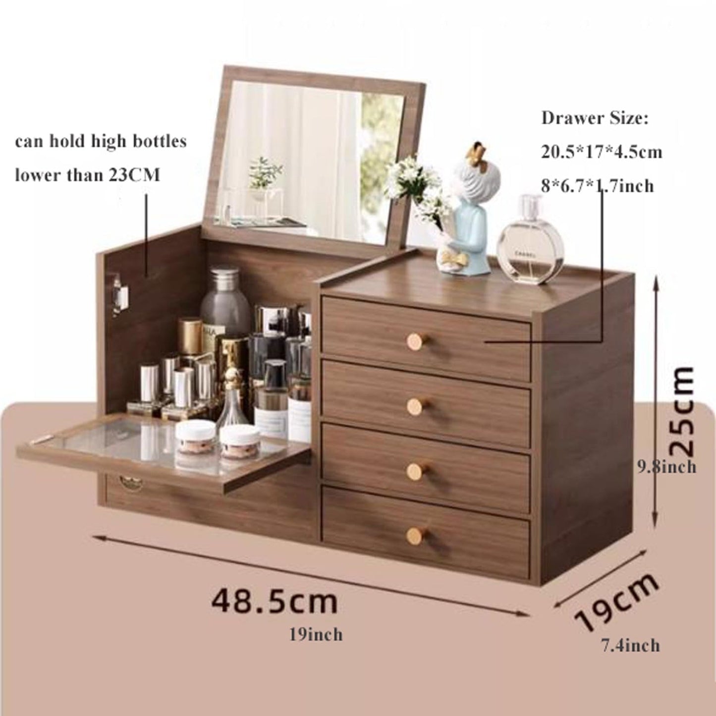 Wooden Makeup Organizer with Drawers and Mirror