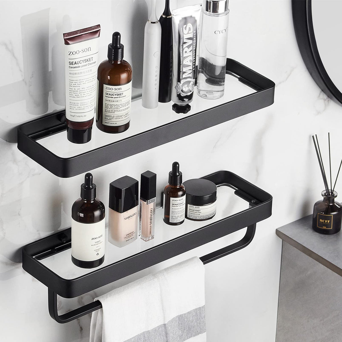 2-Tier Glass Bathroom Wall Shelf with Towel Holder