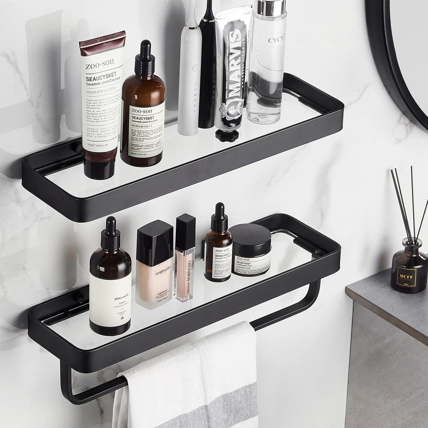 2-Tier Glass Bathroom Wall Shelf with Towel Holder
