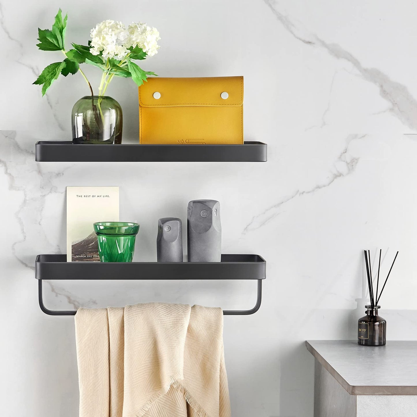 2-Tier Glass Bathroom Wall Shelf with Towel Holder