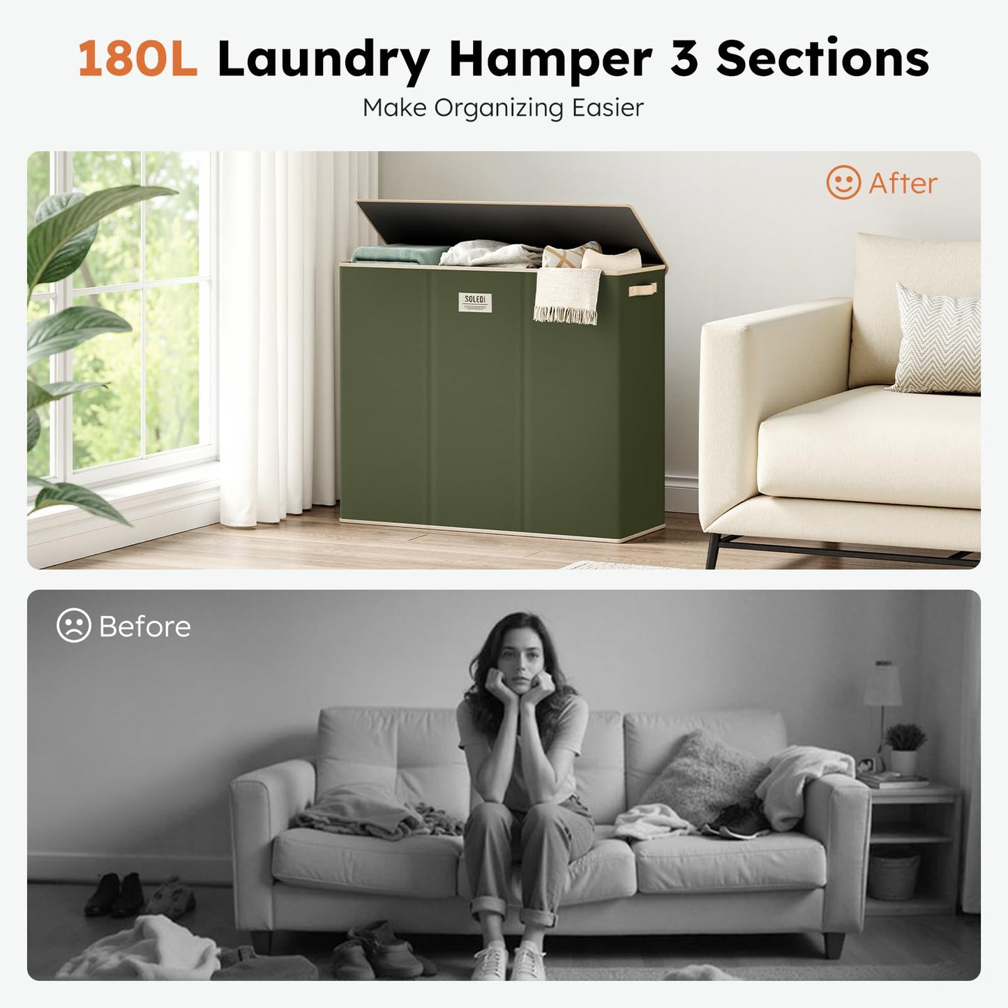 3-Section Large Laundry Hamper with Lid