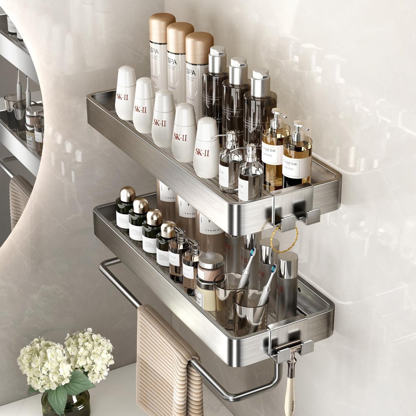 2-Tier Glass Bathroom Wall Shelf with Towel Holder