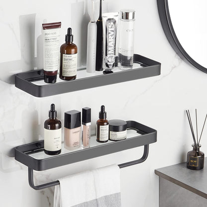 2-Tier Glass Bathroom Wall Shelf with Towel Holder