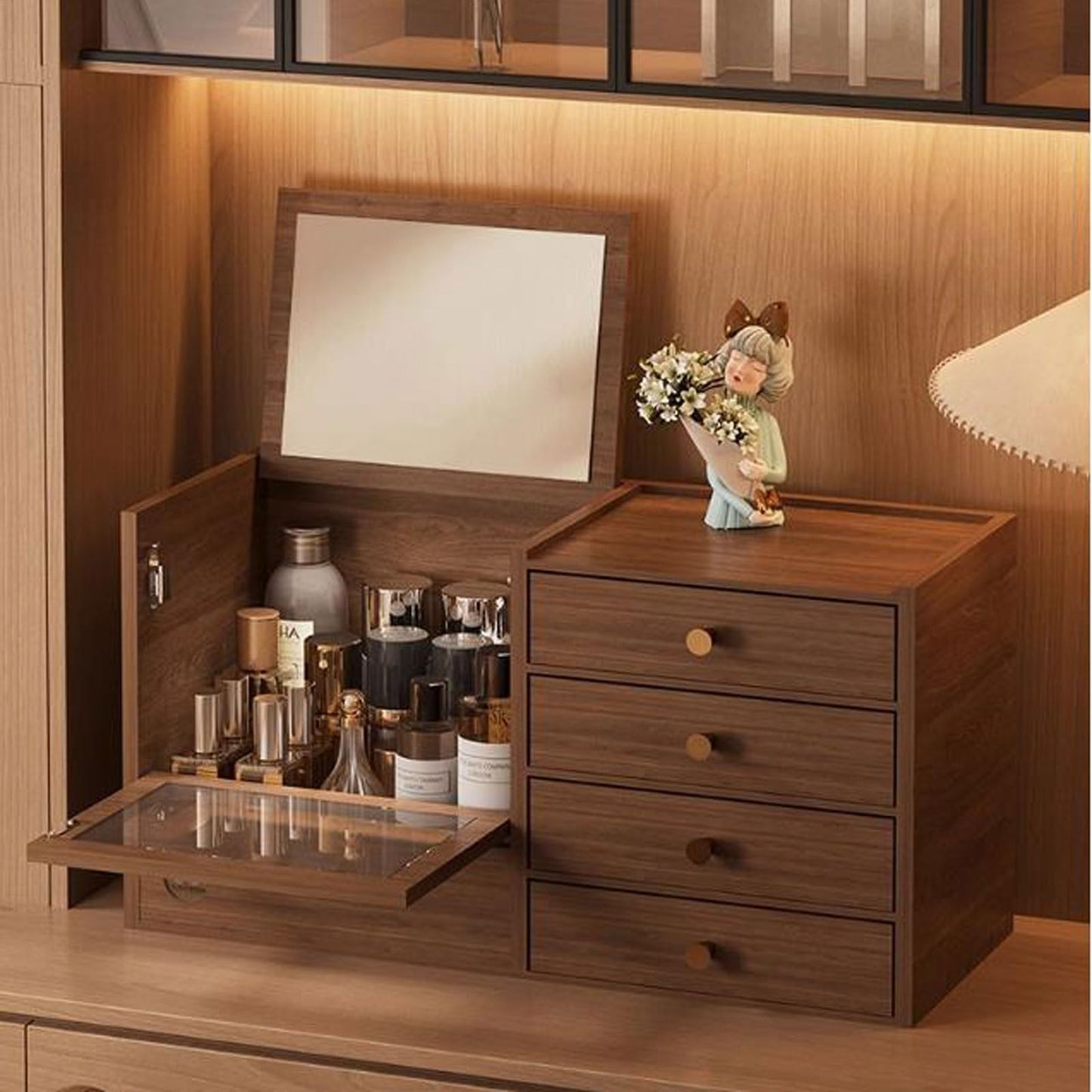 Wooden Makeup Organizer with Drawers and Mirror