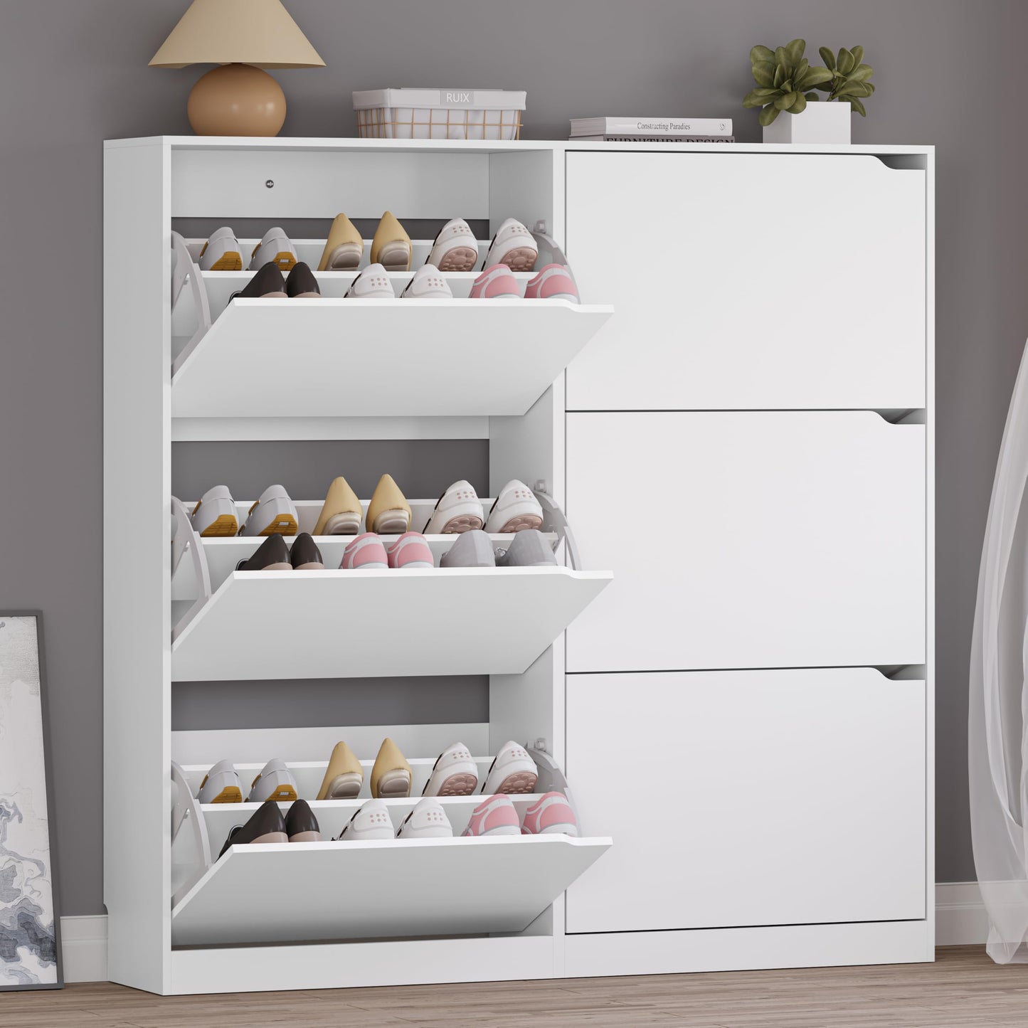 Wooden Shoe Cabinet with Flip Drawers