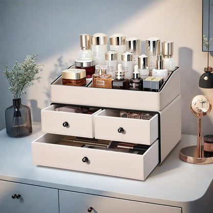 2-Tier PU Leather Cosmetic Organizer with Drawers