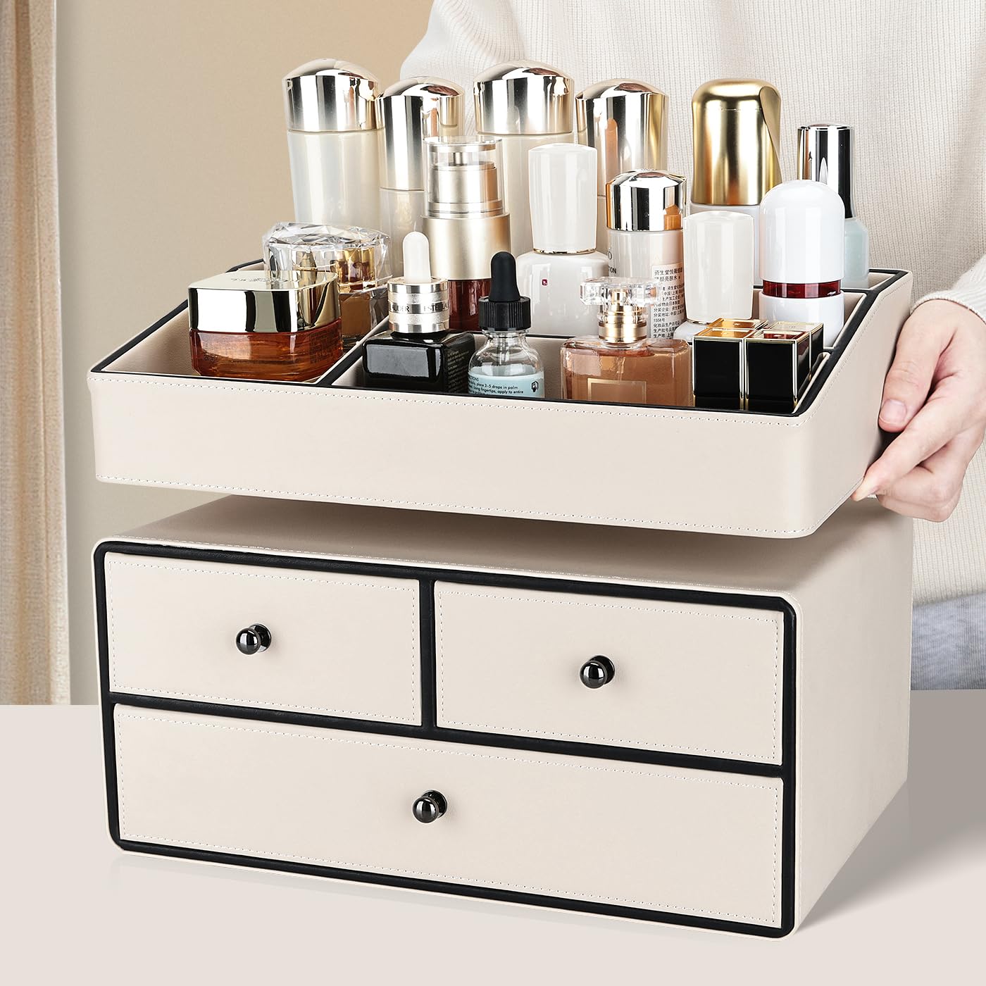 2-Tier PU Leather Cosmetic Organizer with Drawers