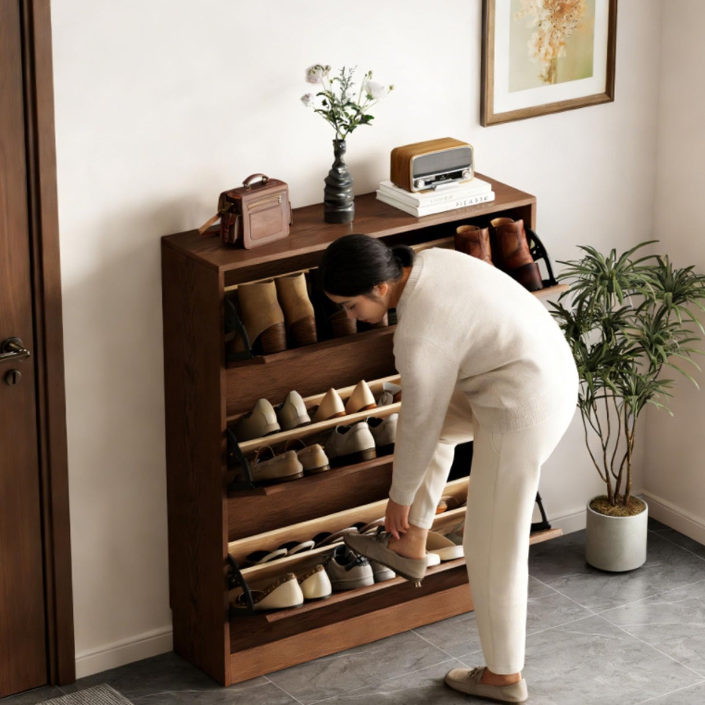 Solid Wood Shoe Storage Cabinet with Flip Drawers
