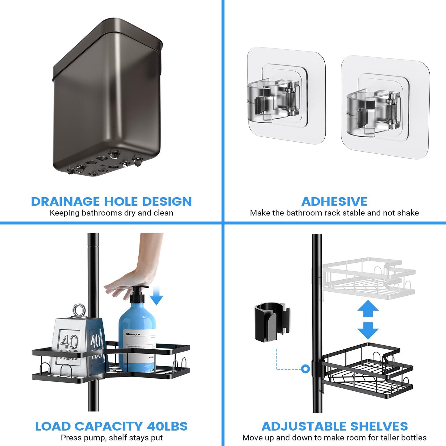 4 Tier Tension Pole Shower Caddy with Adjustable Shelves
