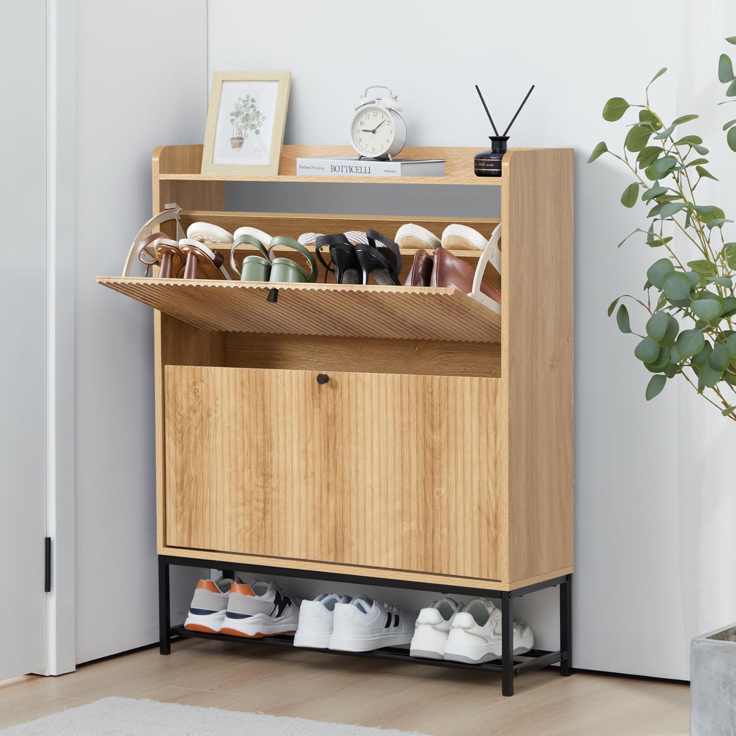 Fluted Shoe Storage Cabinet with Flip Drawers