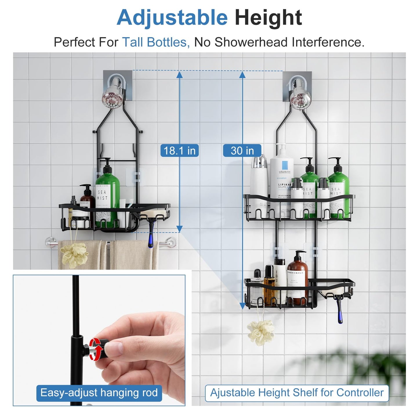 Extended Shower Organizer Shelf with Hooks
