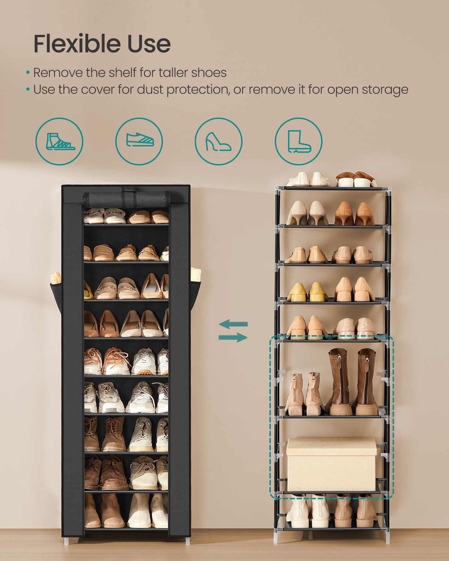 10-Tier Shoe Rack Organizer with Cover