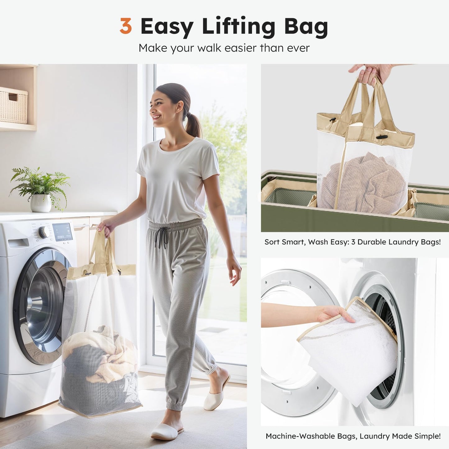 3-Section Large Laundry Hamper with Lid