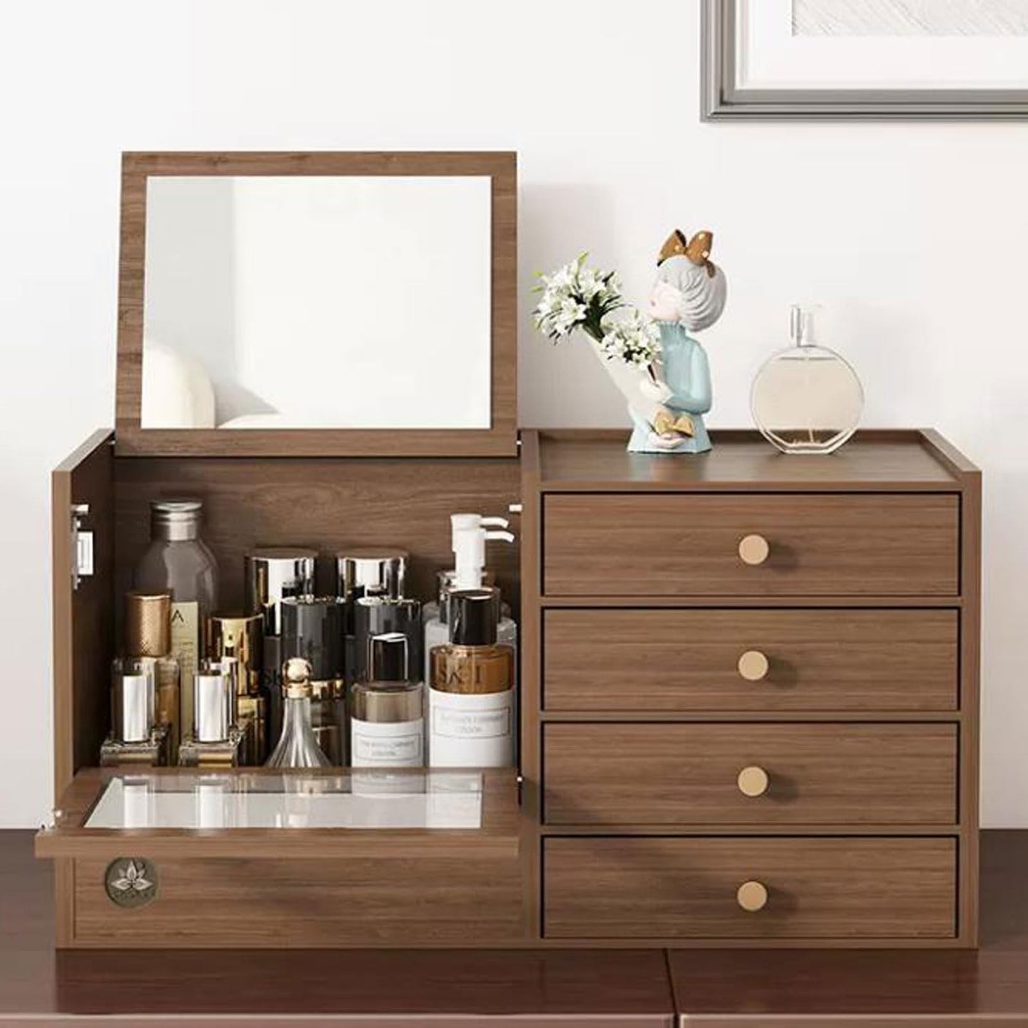 Wooden Makeup Organizer with Drawers and Mirror