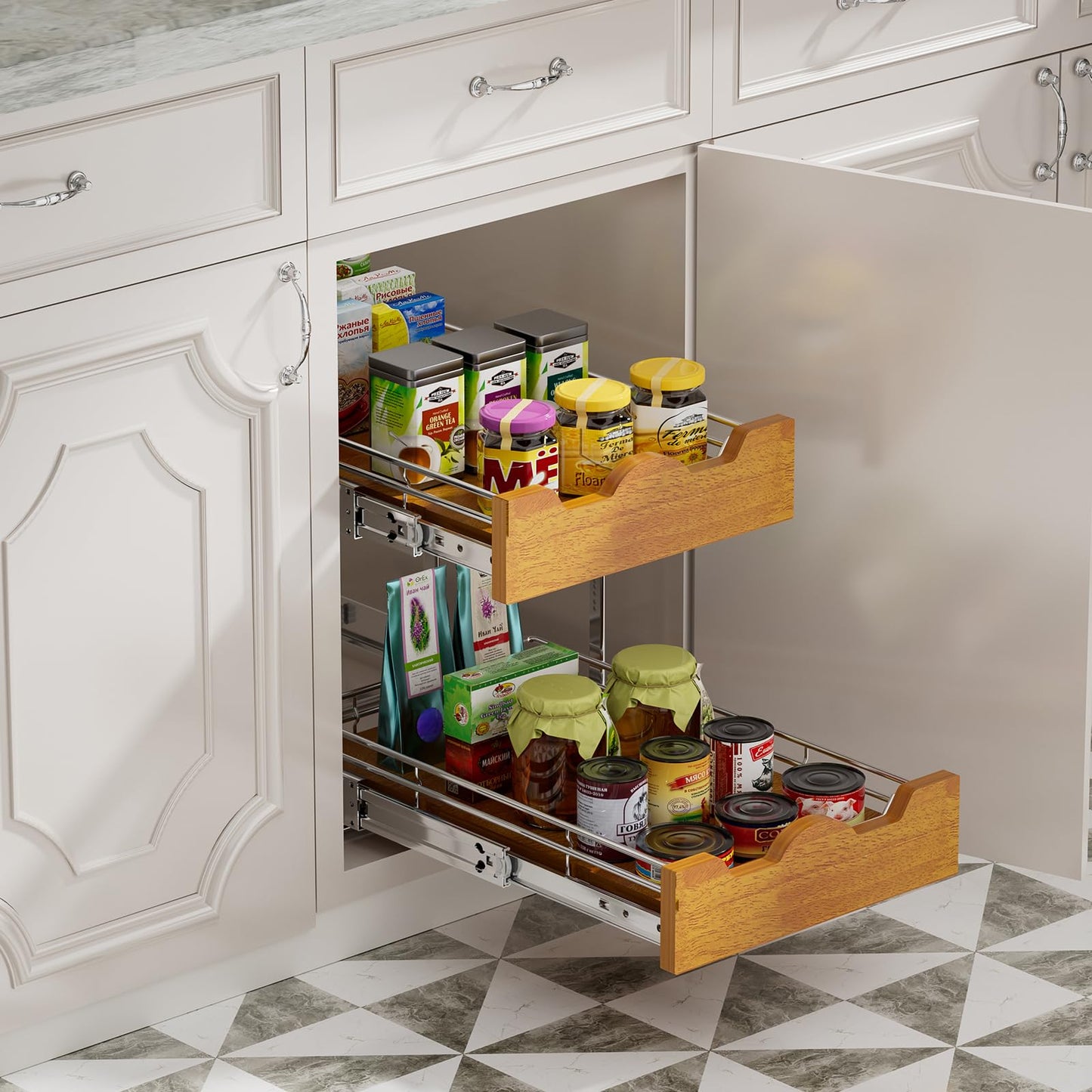 Wooden Pull Out Cabinet Shelf Organizer