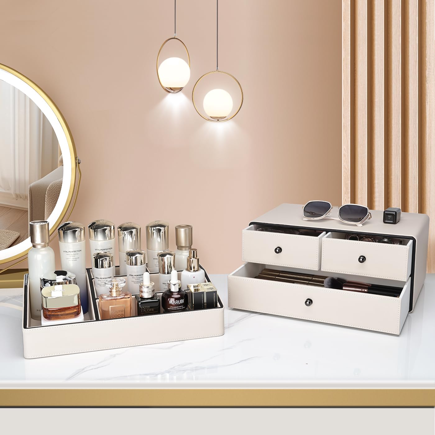 2-Tier PU Leather Cosmetic Organizer with Drawers