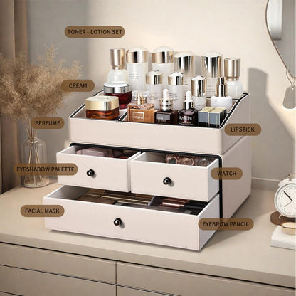 2-Tier PU Leather Cosmetic Organizer with Drawers