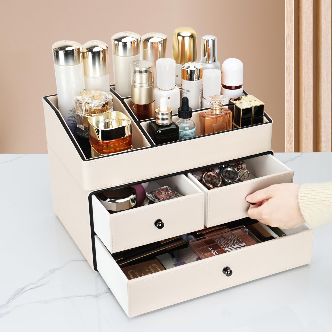 2-Tier PU Leather Cosmetic Organizer with Drawers