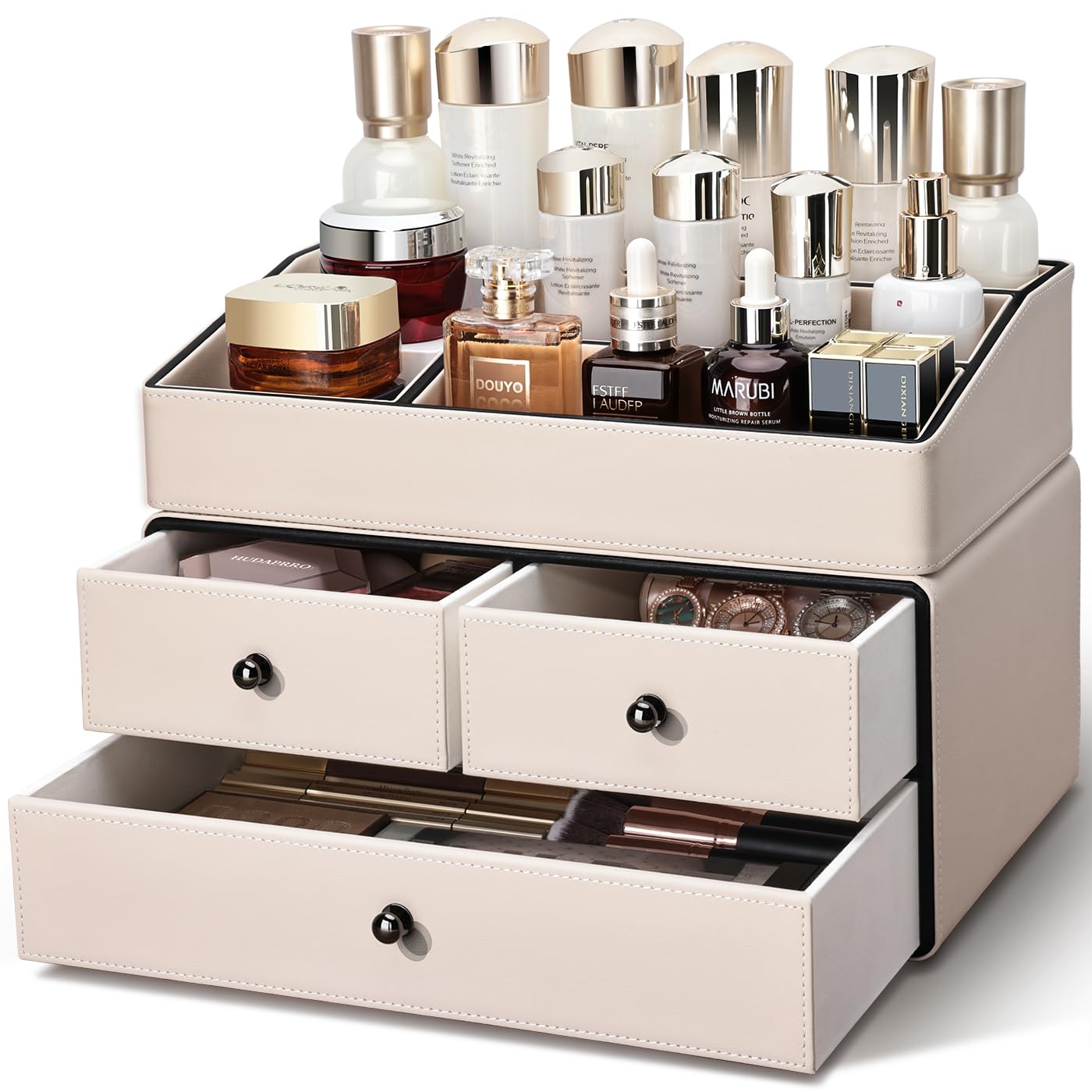 2-Tier PU Leather Cosmetic Organizer with Drawers