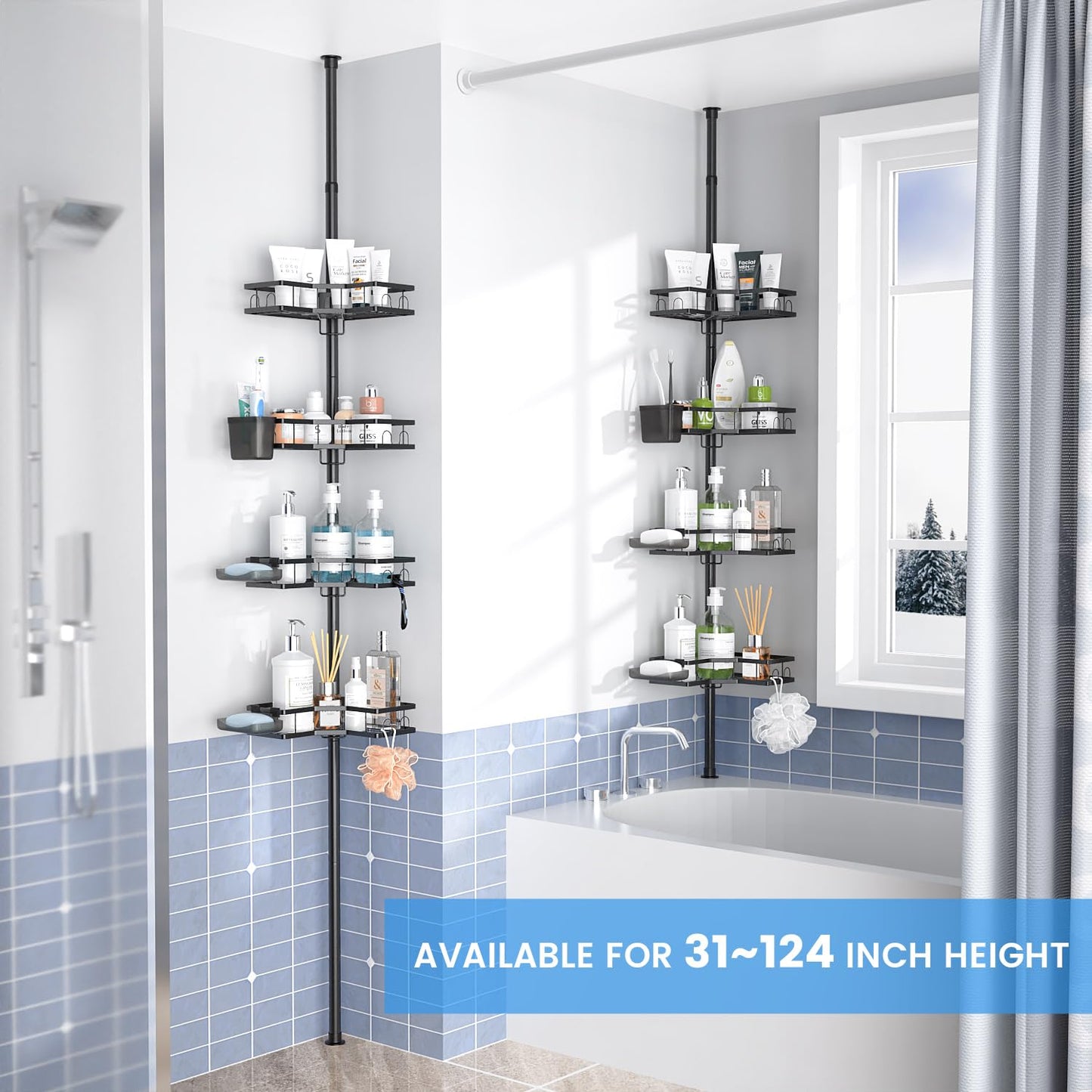 4 Tier Tension Pole Shower Caddy with Adjustable Shelves