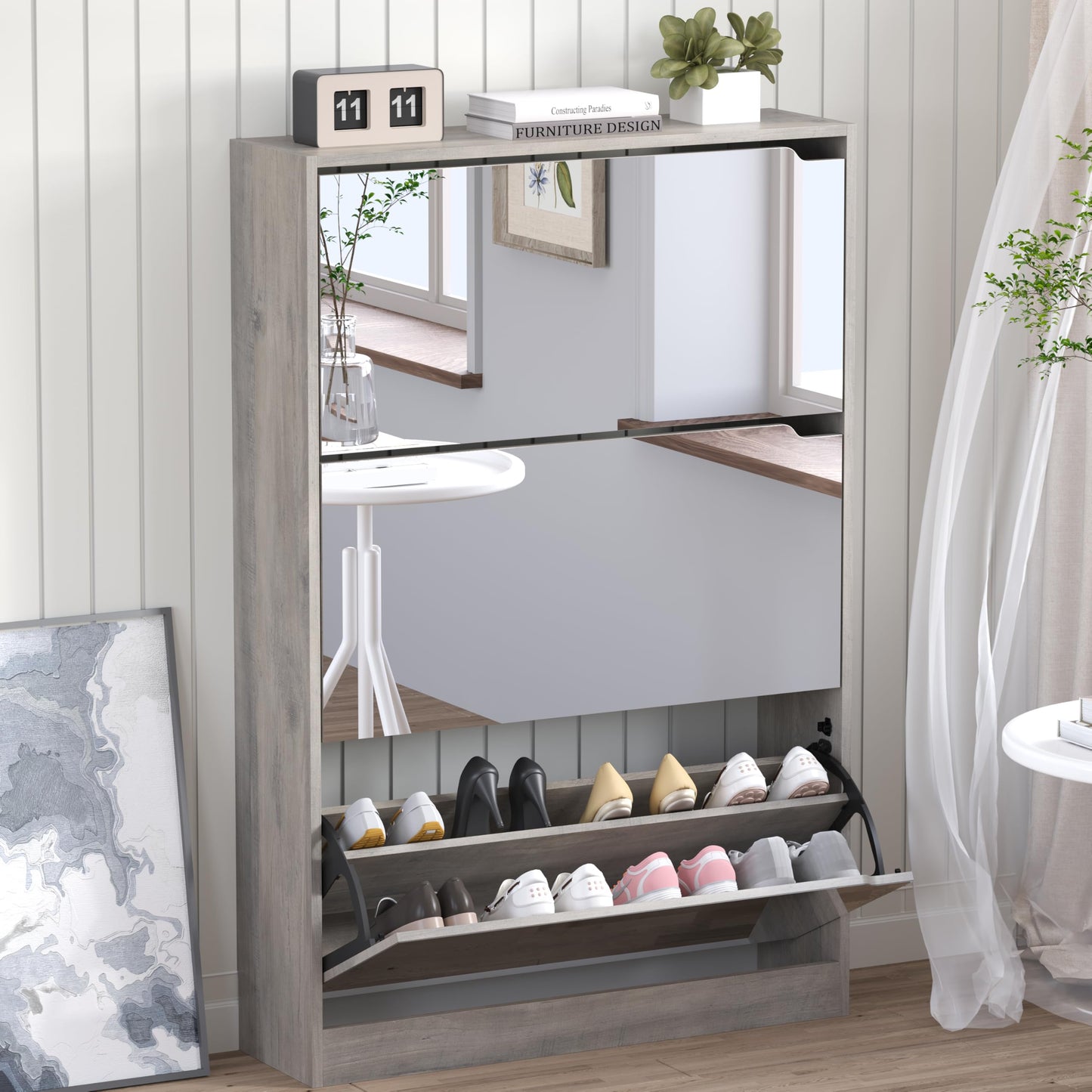Wooden Shoe Cabinet with Flip Drawers