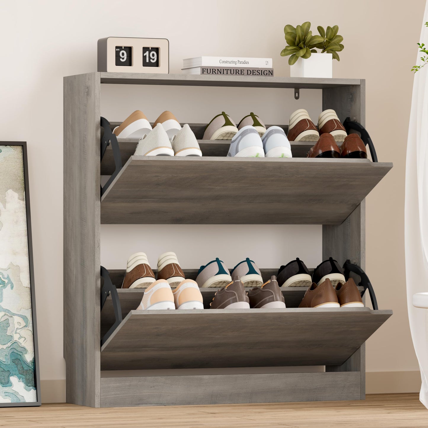 Wooden Shoe Cabinet with Flip Drawers